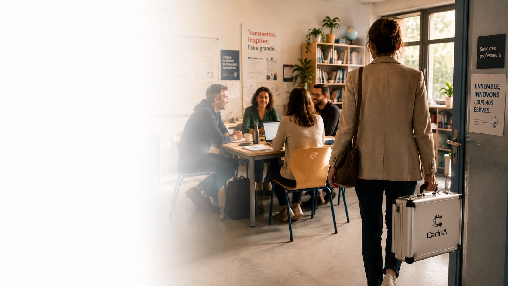 Arrivée avec la mallette Cockpit CadrIA dans un établissement scolaire, équipe pédagogique réunie.