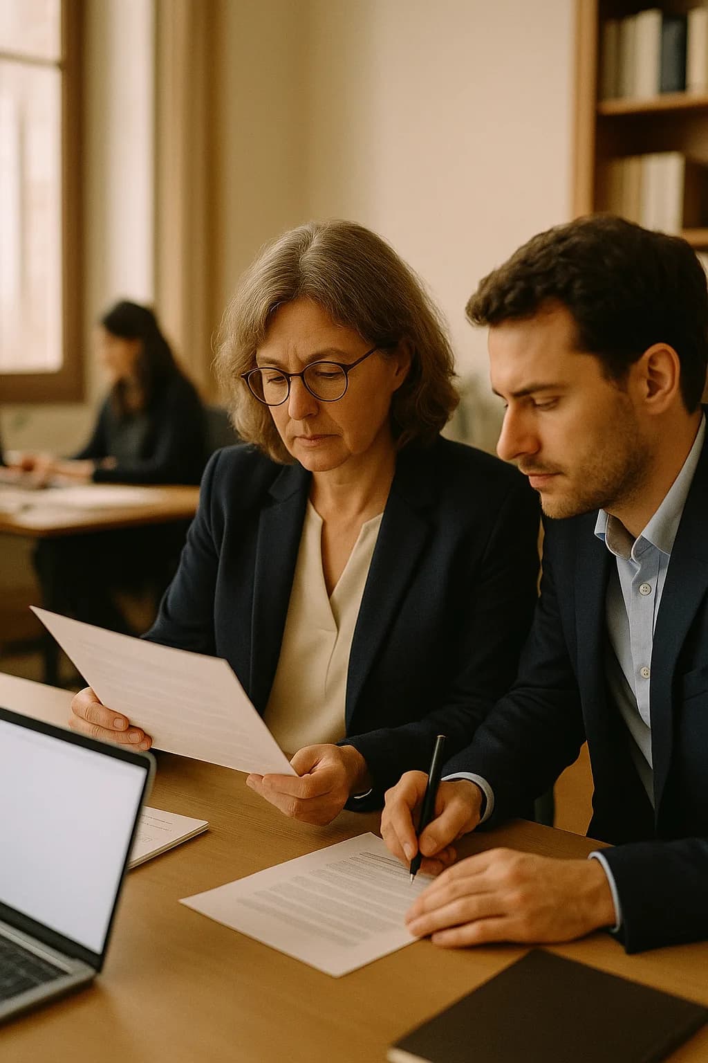 Une déléguée à la protection des données et un juriste relisent un court document imprimé ; le juriste l'annote.