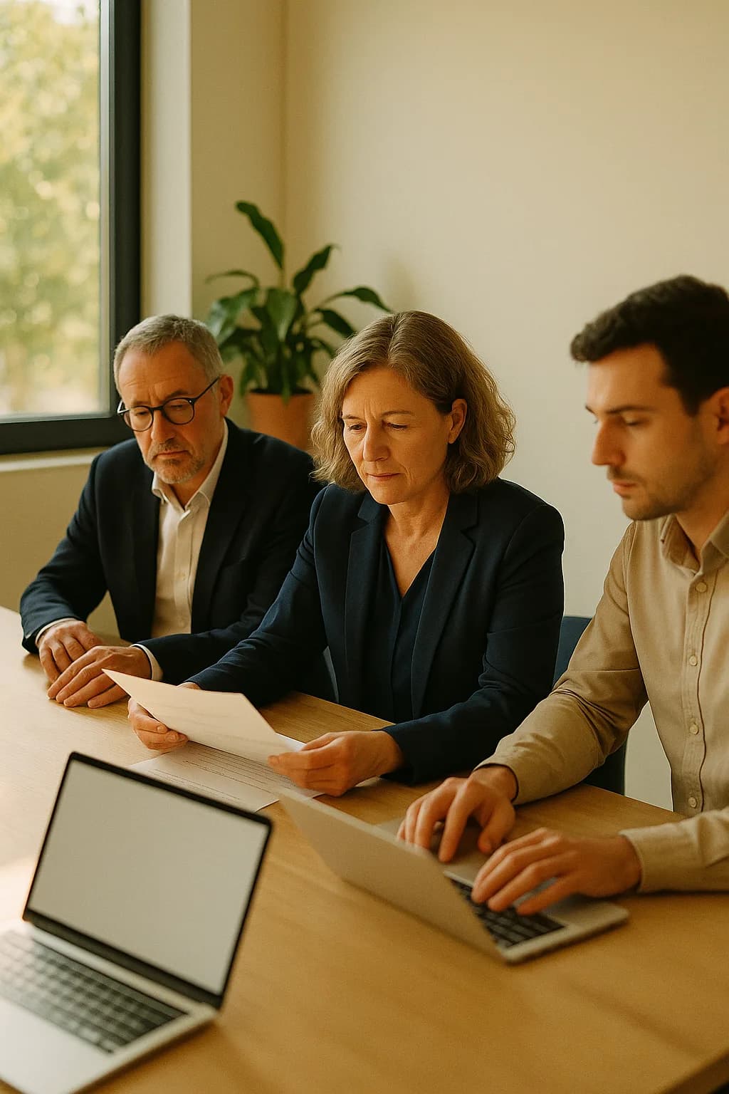 La dirigeante d'une PME relit un devis avec deux collaborateurs, autour d'une table de réunion.