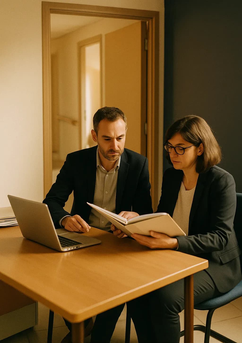 Le directeur d'un établissement médico-social et une assistante administrative relisent un registre de procédures, dans un bureau.