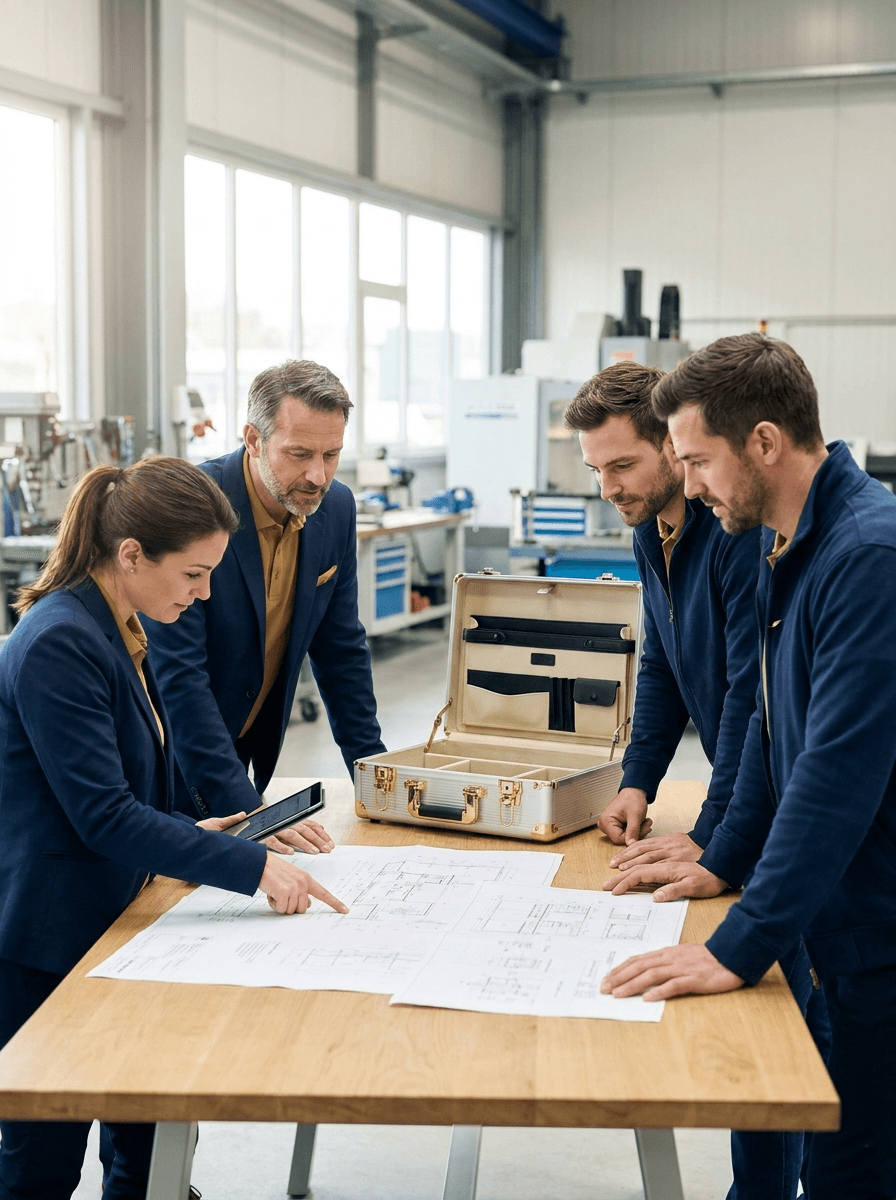 Dirigeant de PME industrielle et son bureau d'études autour de la mallette Cockpit CadrIA, examinant un dossier technique.