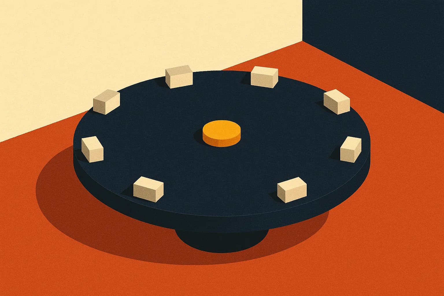 Illustration : la table ronde d'une matinée Cockpit CadrIA, huit places et le jeton de fonction au centre.