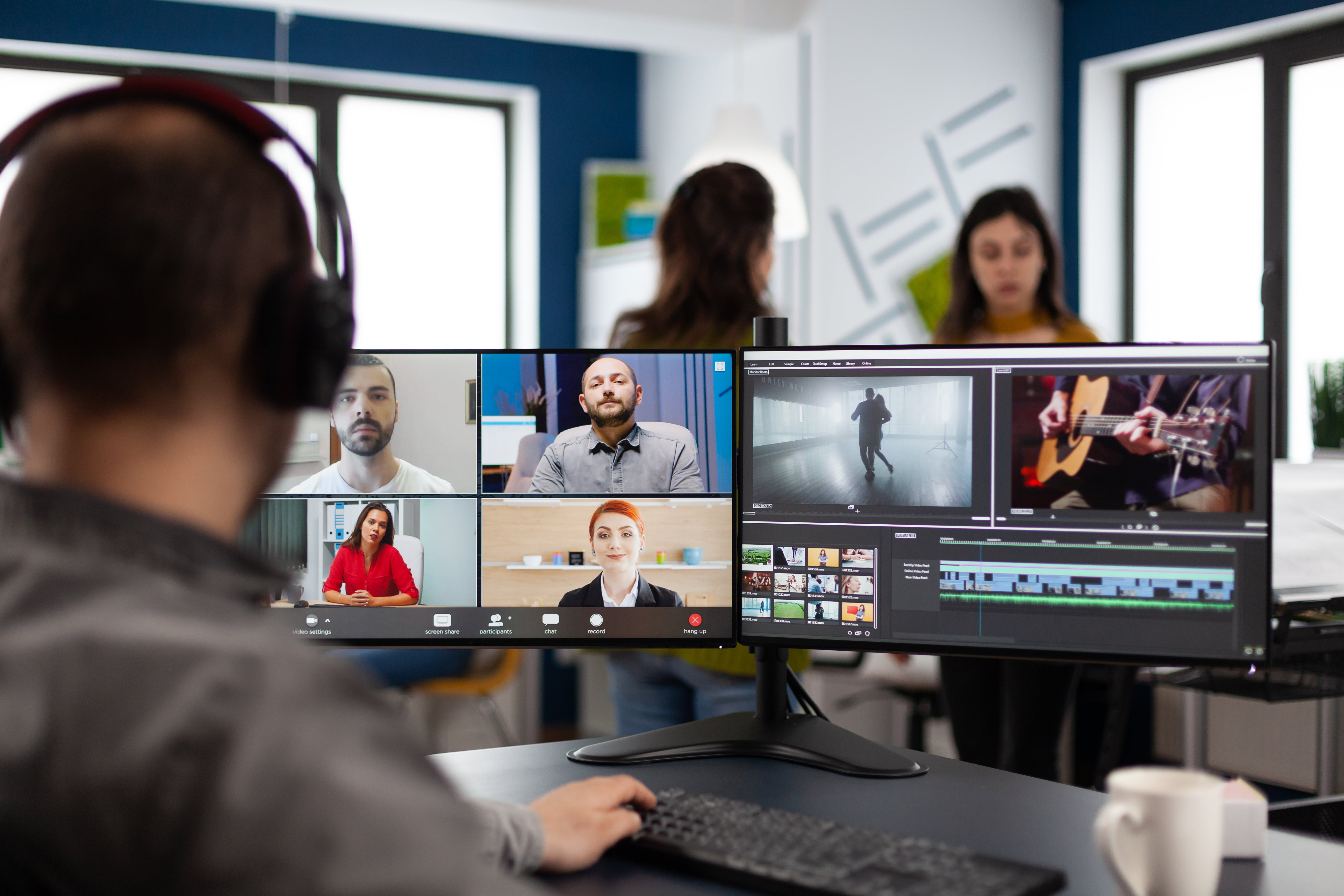 Project manager in web online meeting with team on video call editing